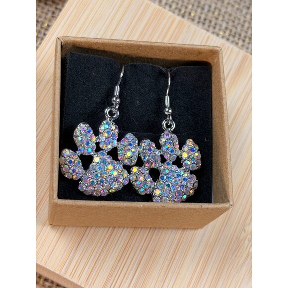 Sparkling Paw Print Dangle Earrings With Rhinestones Silver-Toned Hooks Lightwei - Picture 7 of 7